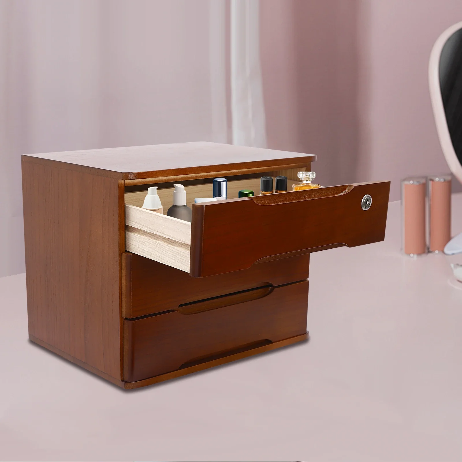 

3-Layer Lock Cabinet One Lock Head - Walnut For Home Living Room To Store