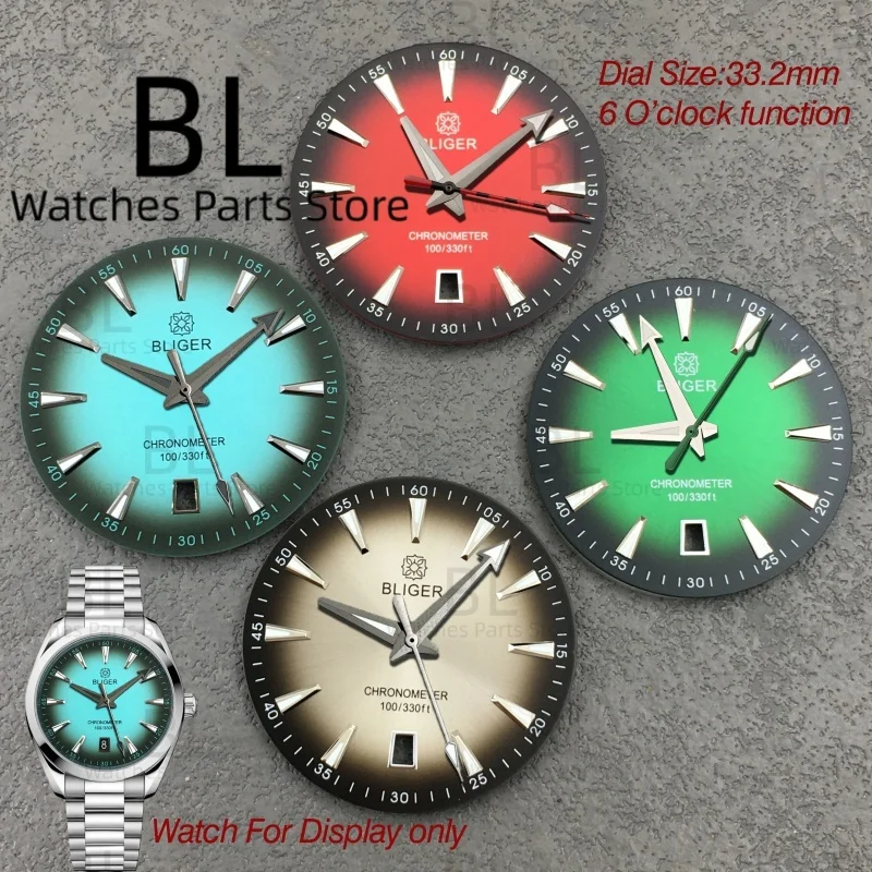 

BLIGER 33,2 мм A150, циферблат и набор стрелок, 6-часовое окошко даты, зеленый люминесцентный подходит для запасных частей механизма NH35