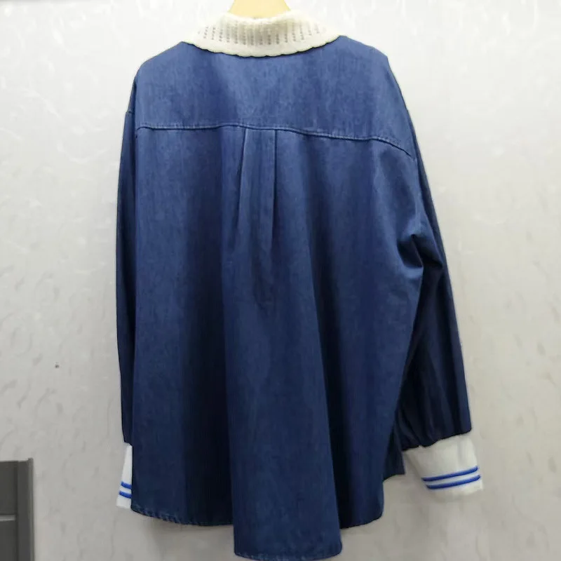 

Джинсовая рубашка во французском стиле для женщин, новая повседневная рубашка осень 2024, лоскутная куртка с цветными блоками, многослойный топ, модный