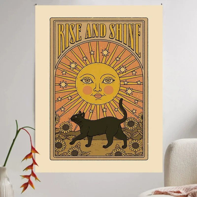 VIKAMA Cat Tapestry Wall Hanging Black Cat Sun Sunflower Rise Shine Retro Tarot Aesthetic Bedroom Dorm Decor
