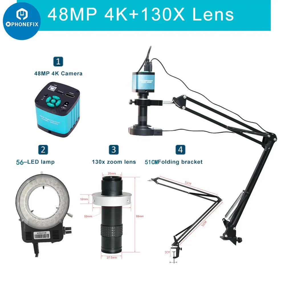 48MP 1080P HDMI Video Camera with 130X C-Mount Lens LED Ring Light Stand Holder for PCB Soldering Repair Live Streaming Webcam