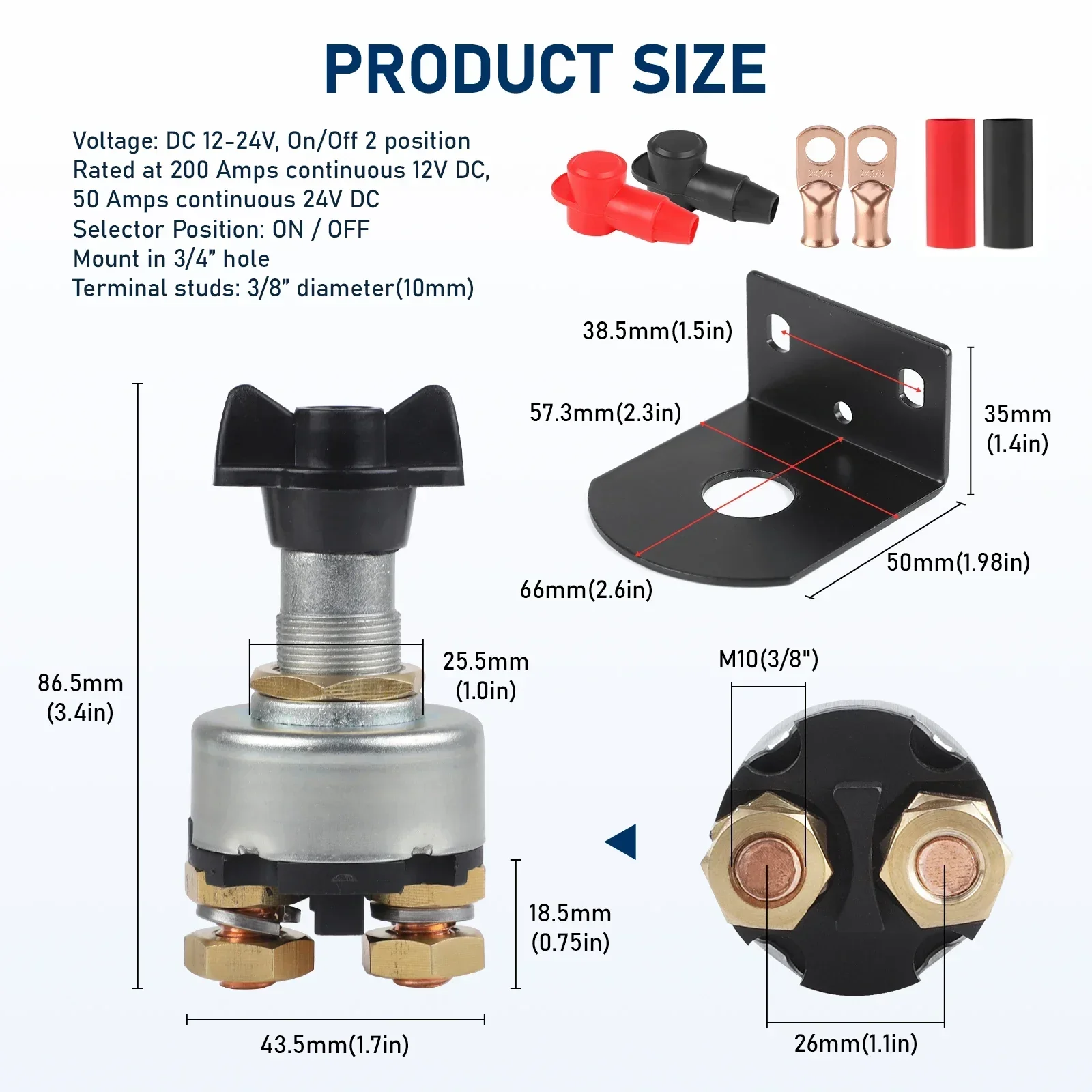 For Car Marine Boat RV Camper Battery Kill Switch 12-48V DC 200A Battery Disconnect Switch with Side Post Mounting Bracket
