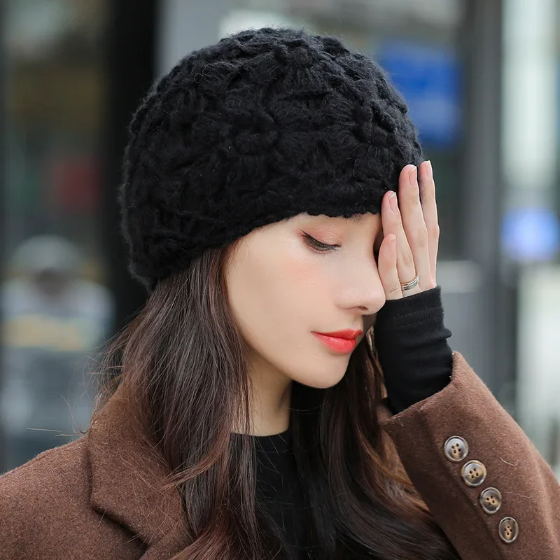 Spring Autumn Handmade Knitted Hat Women Fashion Solid Color Lace All-match Woolen Hats Temperament Elegant Ladies Beanie шапка