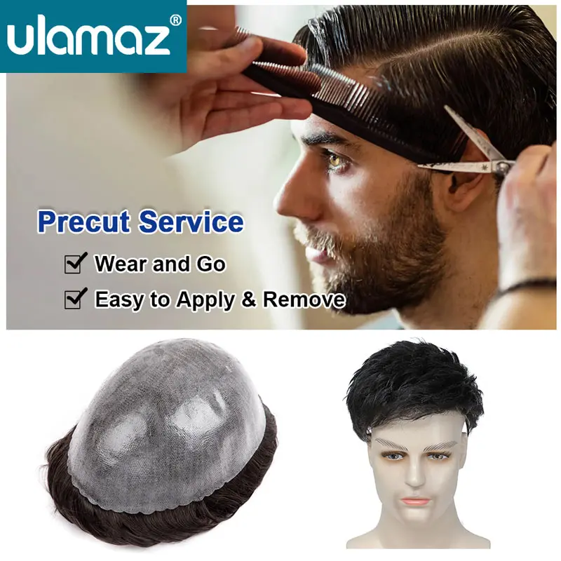 Wear and Go Men's Wigs Prestyle Skin Toupee Male Hair Prosthesis Knotless Wig Men Injected Hair System For Man Precut Service