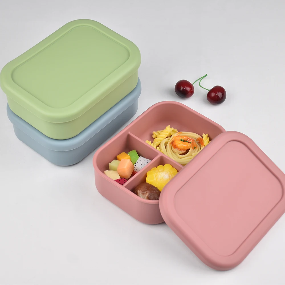3-Compartment Food Grade Silicone Bento Lunch Box - Leakproof, Microwaveable, Eco-Friendly Kids Adult Meal Prep Containers