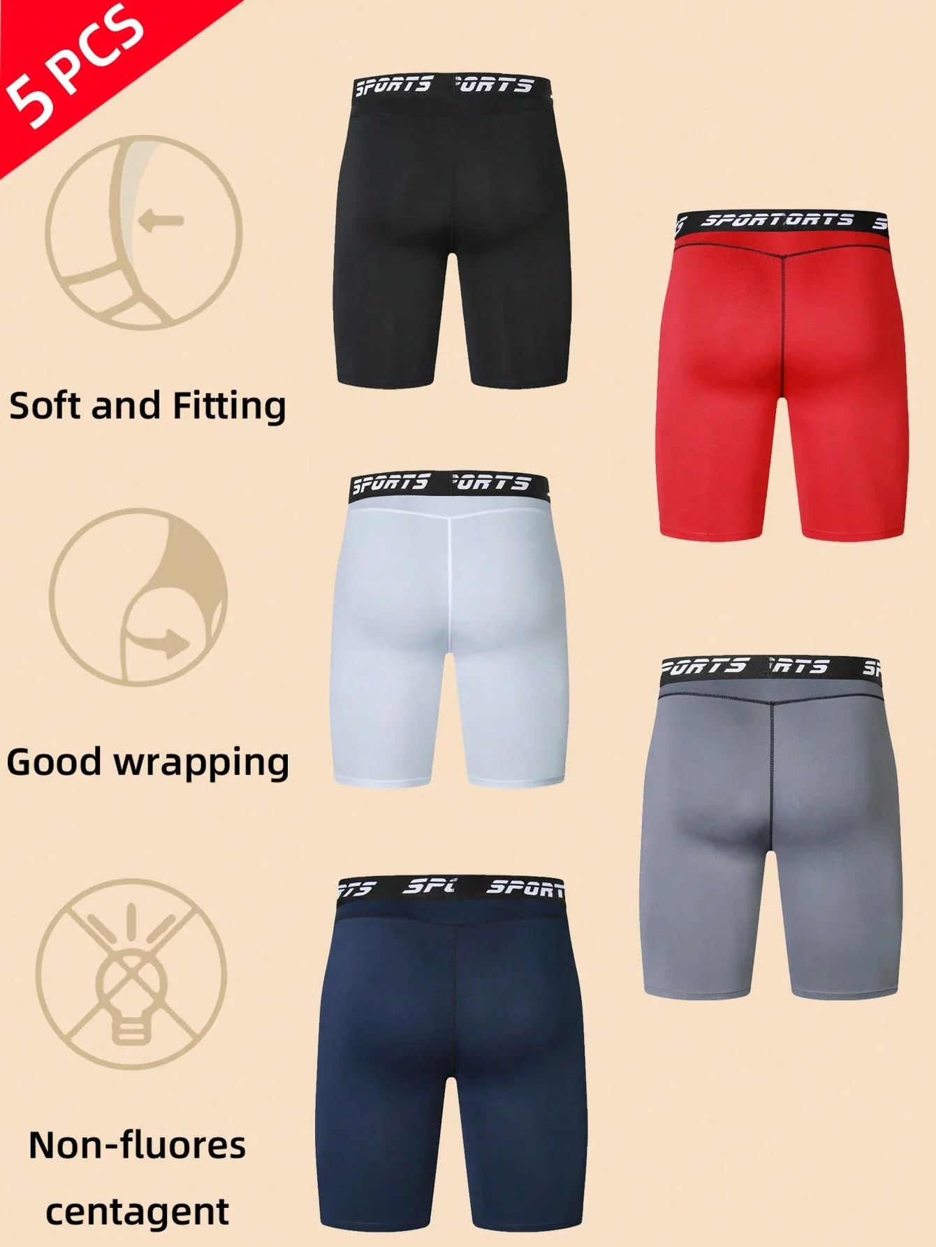 

5 шт. мужских спортивных трусов-боксеров с быстрым высыханием, эластичные, со средней посадкой на талии