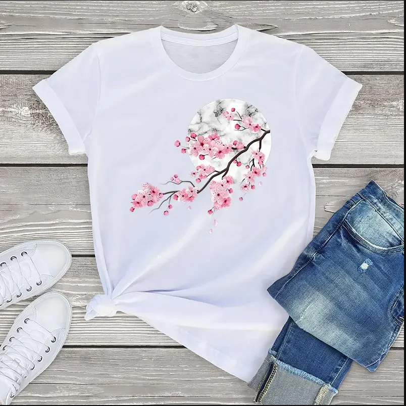 Flc Trend 100 Katoen Unisex Tops Sakura Cherry Blossom Japans Favoriete Bloem Zoete Vrouwen T-shirt Casual Grafische Vrouwelijke T shirt