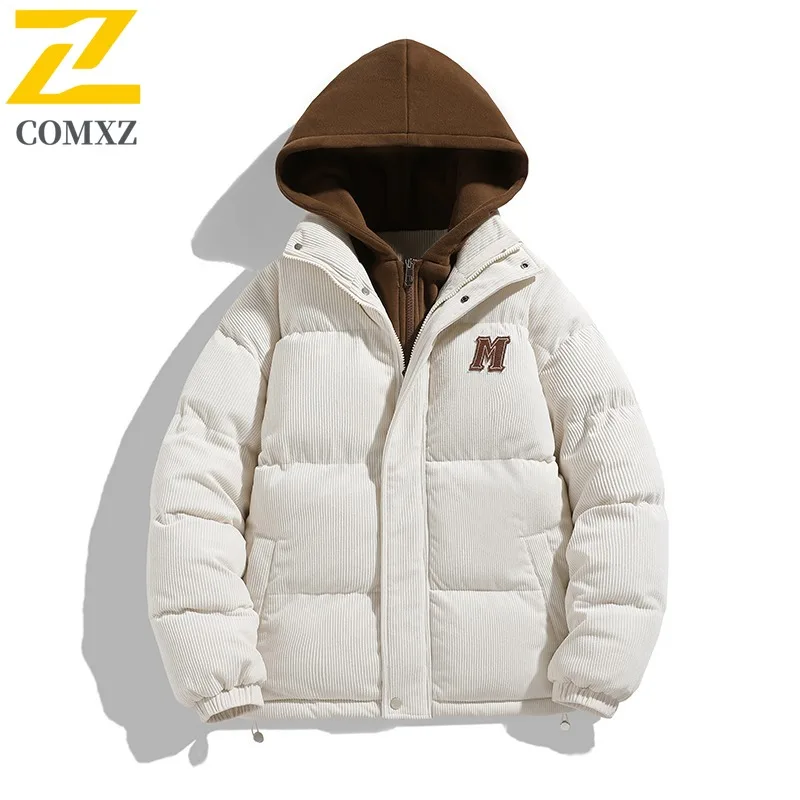 COMXZ 2025 Winter Fashion Stand Collar Cotton Jacket Hooded Arrival Waterproof Windproof Outdoor Casual Warm Coat Men Streetwear