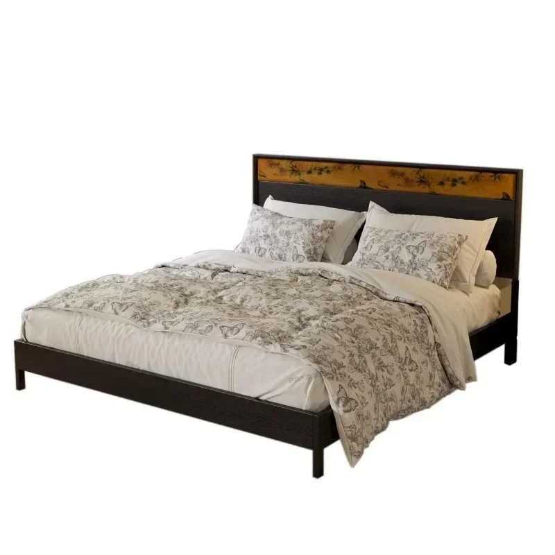 French solid wood retro bedroom double bed medium antique black fragrant cloud yarn designer soft bag bed master bedroom