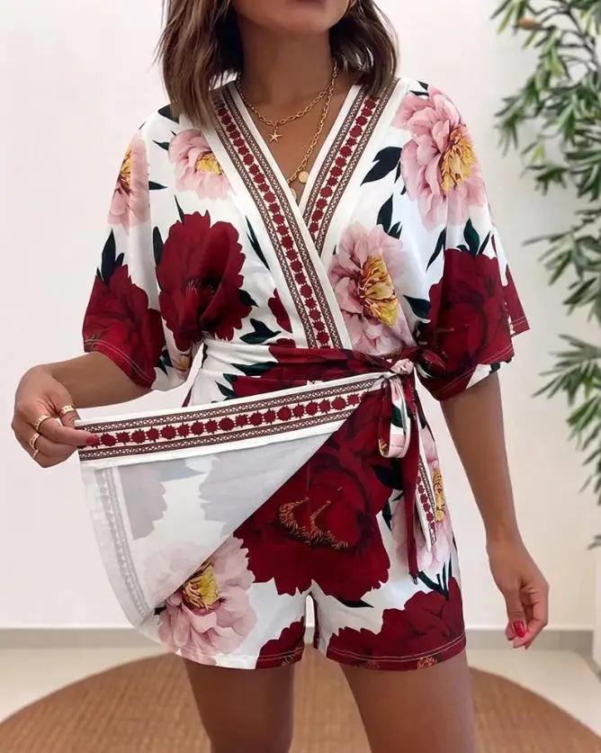 

Women's Fashion Bohemian Floral Print V-Neck Romper Batwing Sleeve Wrap Knot Side 2026 Spring New High Waist Short Jumpsuit