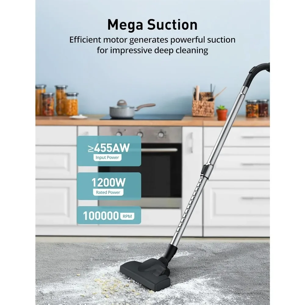 

24Kpa Canister Vacuum Cleaner, 1200W Bagless with 2 HEPA Filters, 5 Attachments & Auto Cord Rewind