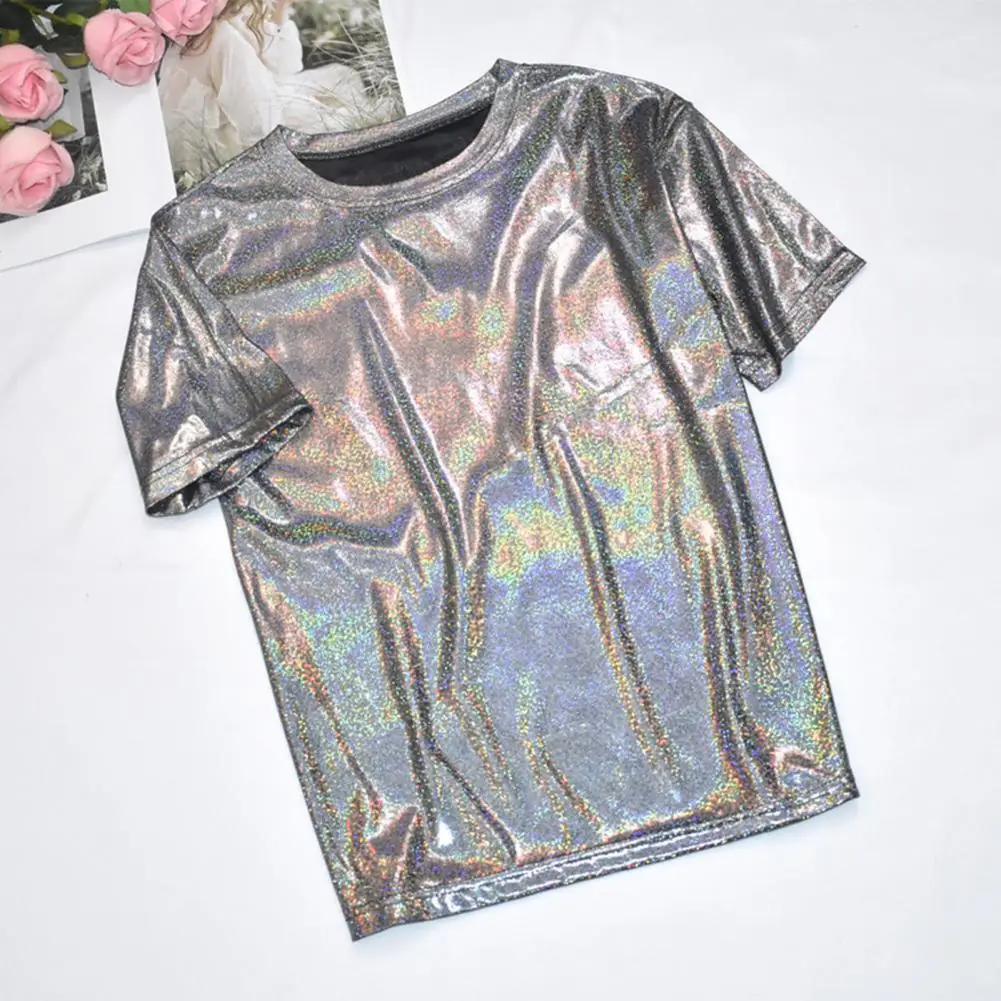 Women Crew Neck T-shirt Glossy Finish Glitter Women's Loose Fit Tee Stylish Round Neck Short Sleeve Pullover for Nightwear