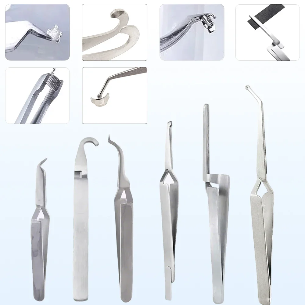 Conjunto ortodôntico: pinças de suporte, tubo bucal e colocadores de botões linguais, ferramentas de ligação, suporte de papel articulado