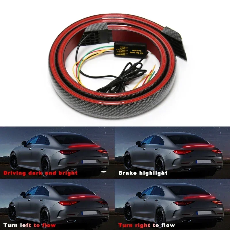 

130cm 51 Inch Car Carbon Rear Spoiler Sticker Led Strip Brake Light Turn Signal Lamp Flowing Waterproof Red Dream Color