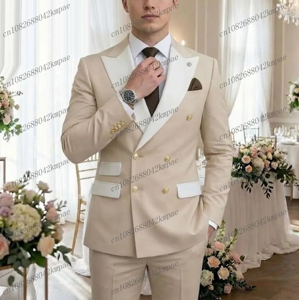 

New White Collar And Beige Men Formal Tuxedos Groom Groomsman Wedding Party Prom Male Business Suit 2 Piece Set Blazer Pants