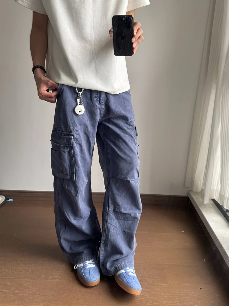 

Retro American Vintage Work Pants Men's Loose Straight Casual Trousers Multi-Pocket Wear Resistant Jeans mid Waist Zipper