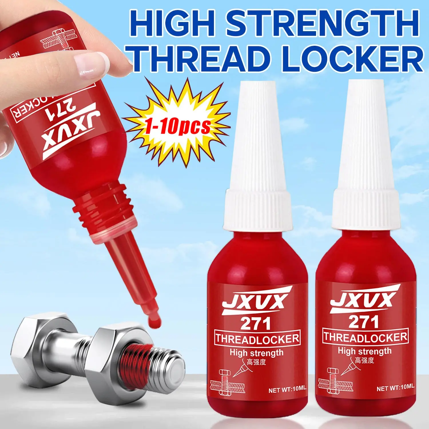 10 Stück 271 Gewindesicherung Hochfester Schraubenkleber Schnell aushärtender Gewindesicherungsagent Anaerobischer Klebstoff Korrosionsbeständiger Anti-Lockerungskleber Rotes Dichtungsmittel für Schrauben.