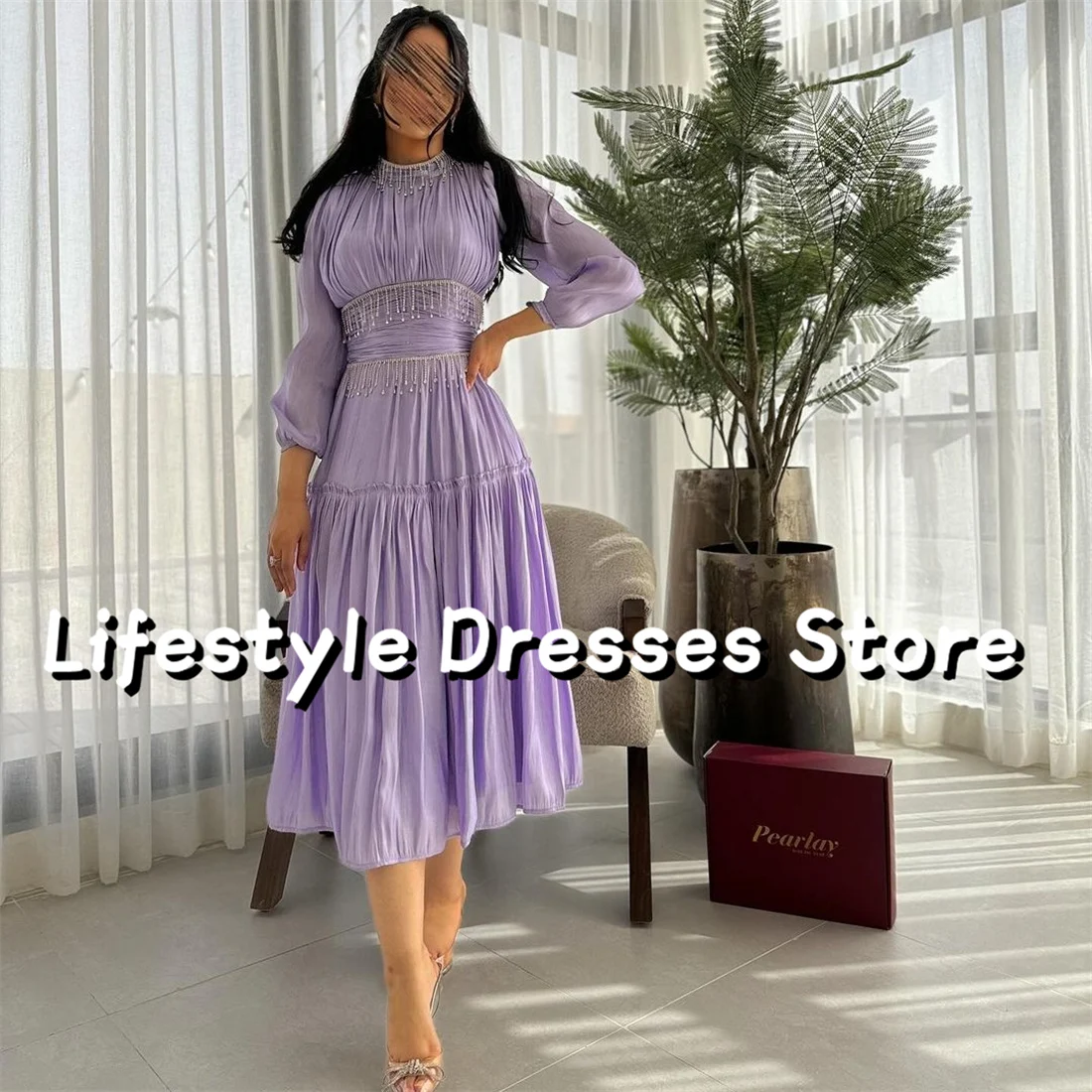 

Silver Tassels Lilac Prom Dresses A-Line Long Sleeves Formal Party Gown فساتين للمناسبات الرسمية