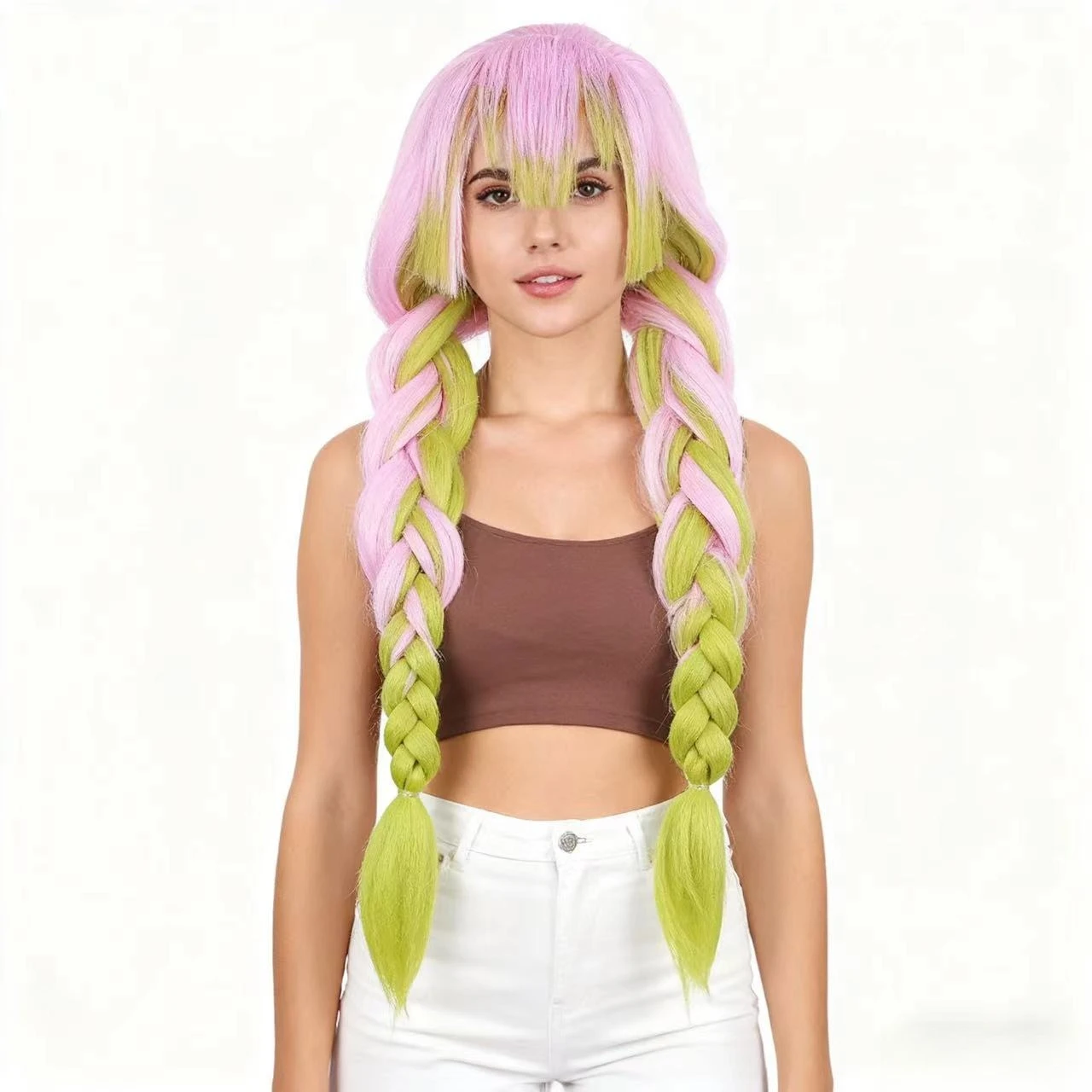

Женский двухцветный плетеный парик для косплея розового и зеленого цвета с челкой — длинные синтетические волосы с пастельно-розовыми и лаймово-зелеными косами,