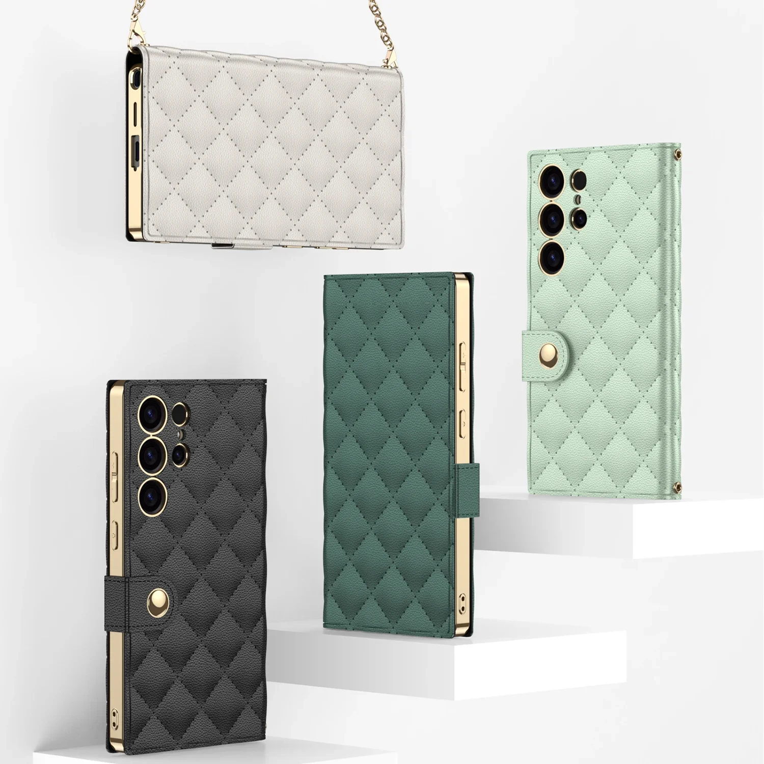 

Diamond Leather Strap Chain Case For Samsung Galaxy S25 Ultra Wallets Card Slot Fold Stand Hard Cover For Galaxy S25 Ultra Case