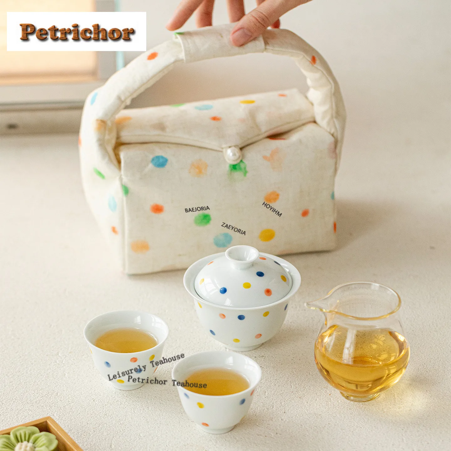 Hand-painted Polka Dot White Porcelain Travel Tea Set Kit Traditional 1 Pot 3 Cups Tea Maker Organizer Portable Outdoor Tote Bag