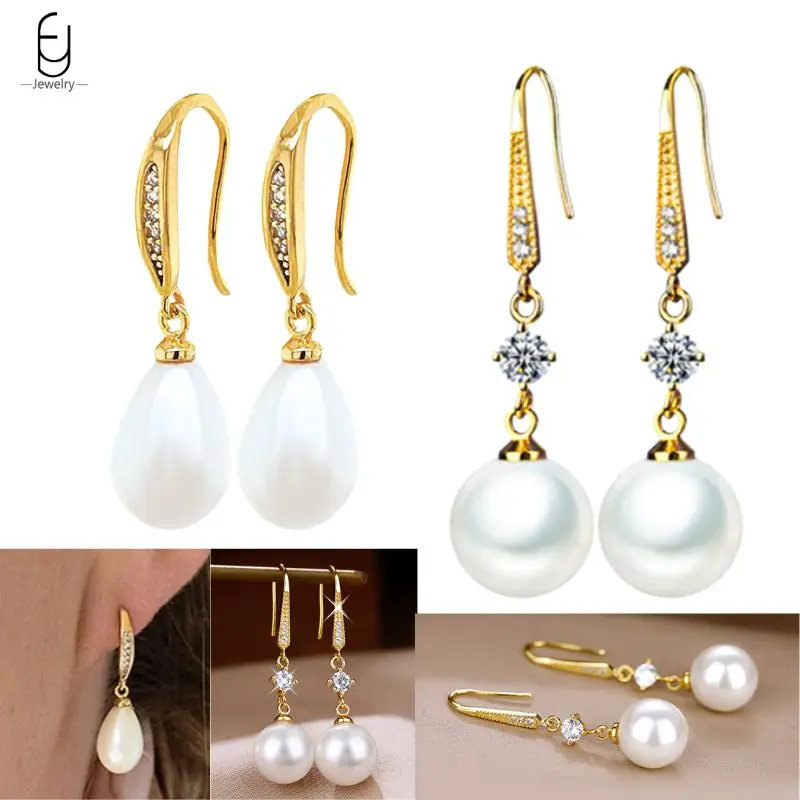 925 فضة إبرة أنيقة اللؤلؤ قلادة أقراط لامعة كريستال رائعة الأذن هوك أقراط للنساء مجوهرات الزفاف