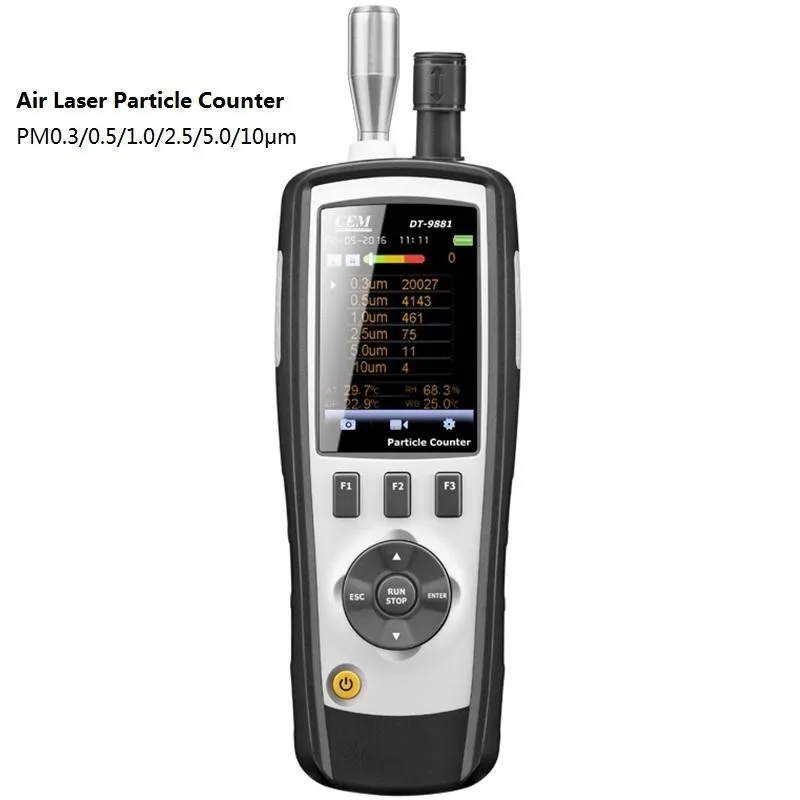 

CEM DT-9881 Handheld Cleanroom Particle Counter HCHO CO (PM 0.3,0.5,1.0,2.5,5.0,10μm) Air quality Detector with Camera