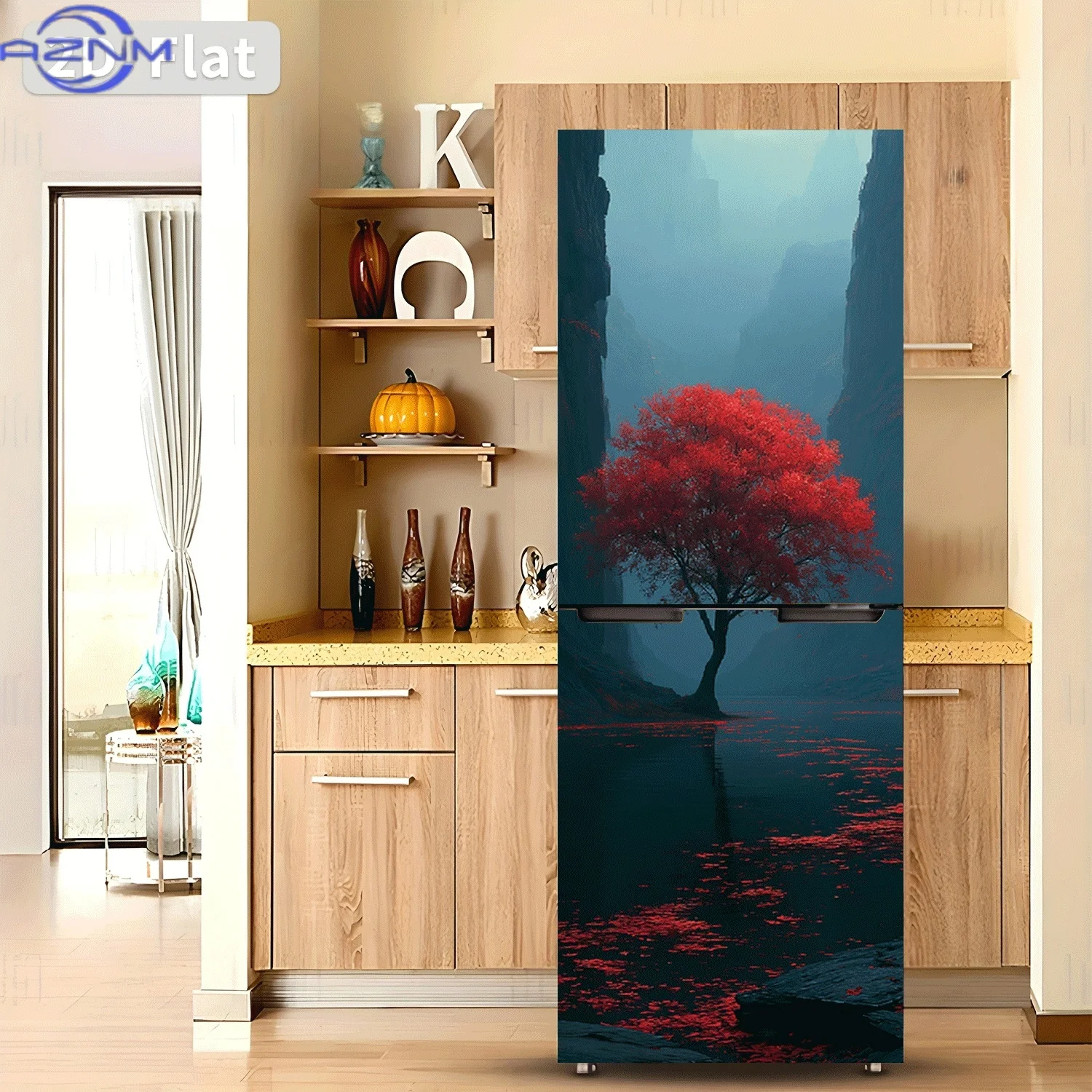 2D Flat Printing 1pc Refrigerator Sticker  Red Leaves Reflecting in a Valley Autumn River Theme Design Wall Decal Self-Adhesiv