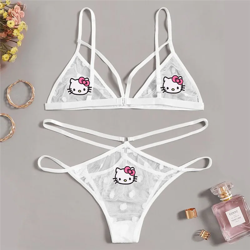 MINISO Sanrio Kawaii Cartoon Anime My Melody Hello Kitty Kuromi Sexy Lingerie Sexy Polka Dot Lace Transparent Bikini Bra Panties