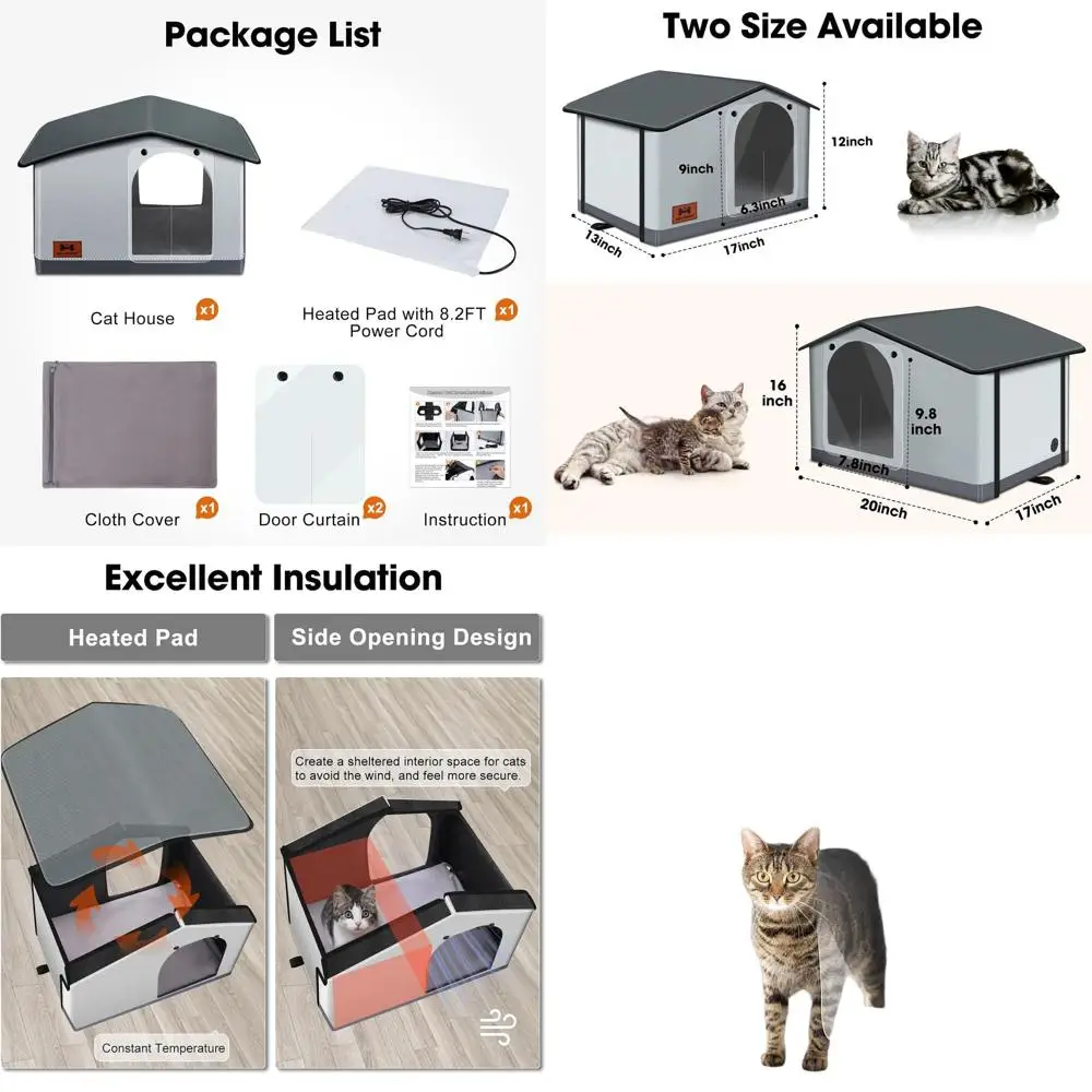 Weatherproof Outdoor & Indoor Heated Cat House with Pad, Suitable for Feral Cats & Small Dogs, 20x17x16 inches