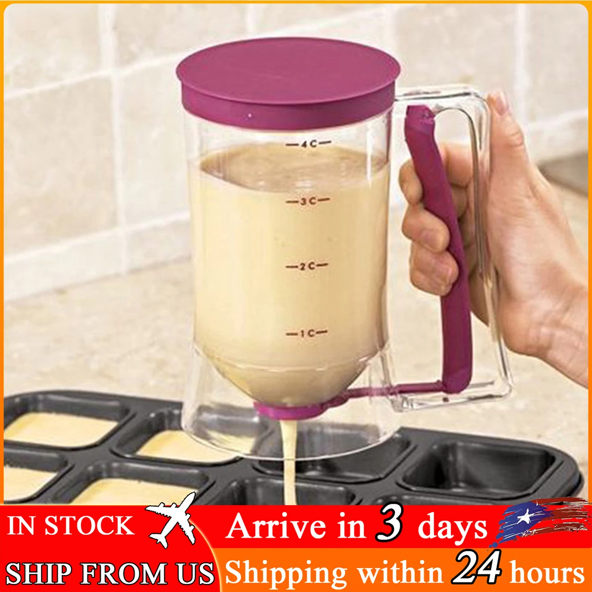 Batter Separator Pancake Dispenser with Measuring Label and Squeeze Handle Bracket Cookie Cake Waffles Baking Accessories