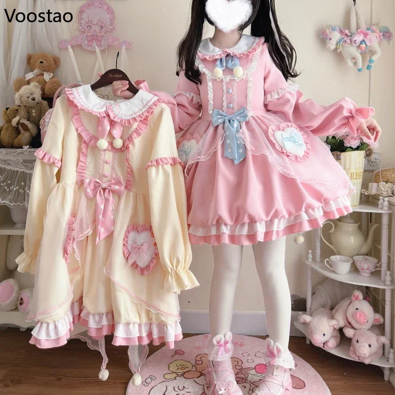 Vestido Kawaii Lolita OP para mujer, dulce lazo con volantes, conejito de dibujos animados, Mini vestidos de fiesta de manga larga, vestido de princesa gótico japonés para niñas