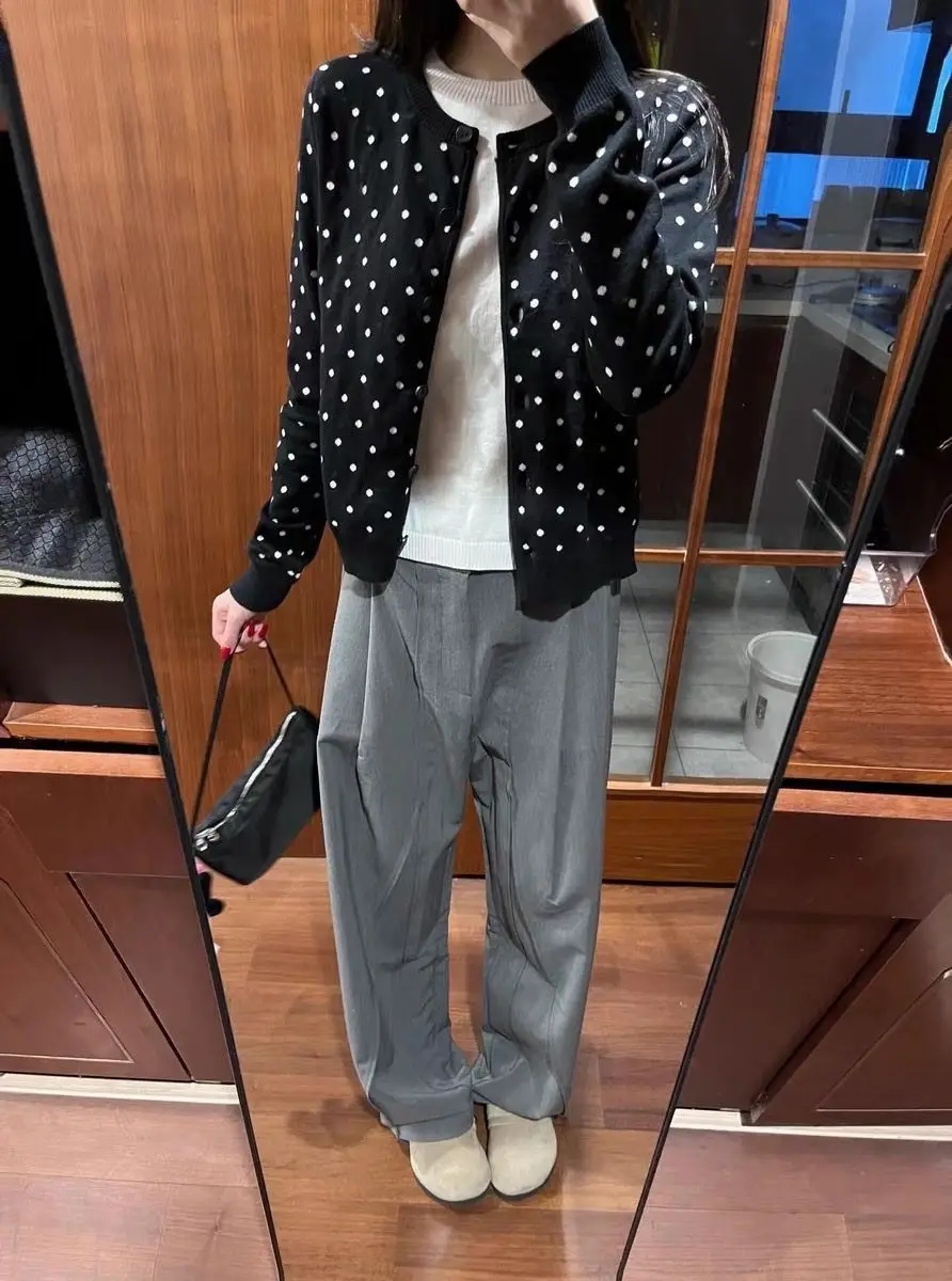 

2025 New Polka Dot Soft Cozy ort Women's Knitted Sweater Coat Spring Autumn Outerwear round Ne Long Sve Button up