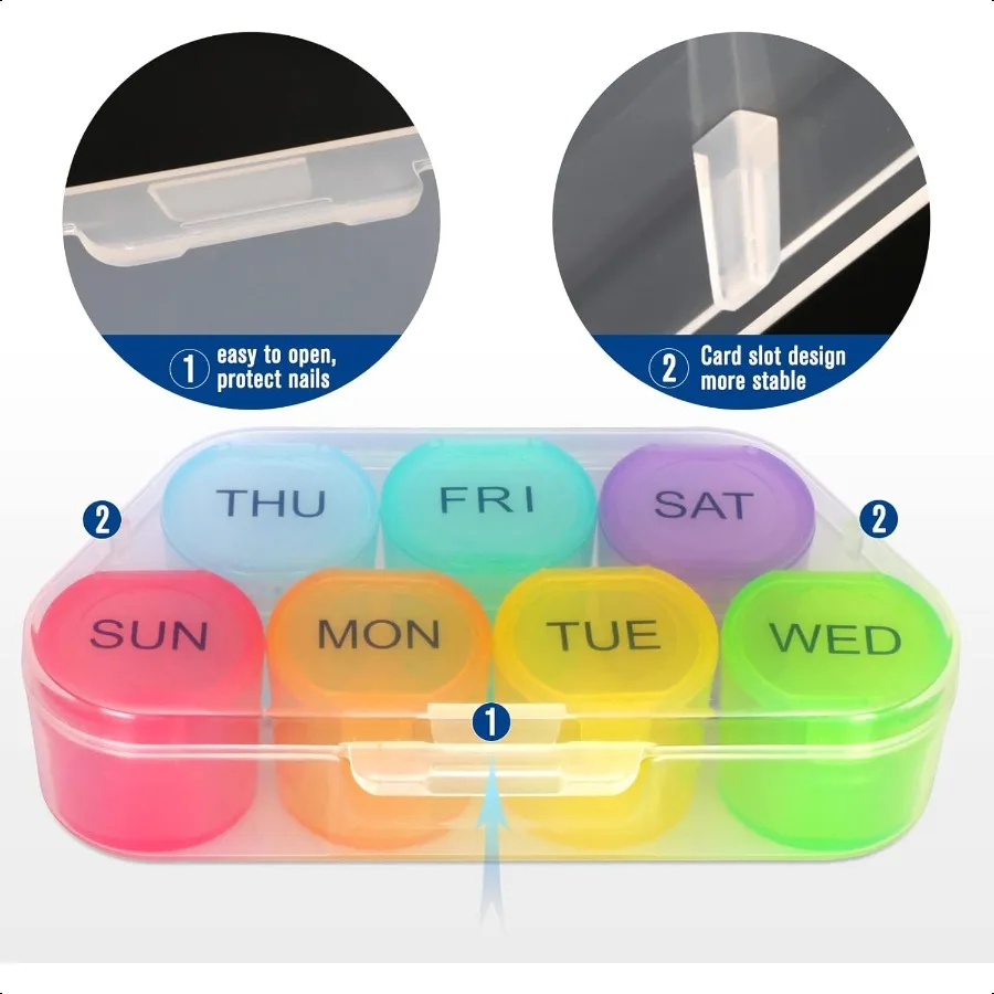 منظم حبوب أسبوعي منظم دواء خالٍ من مادة BPA، صندوق حبوب قوس قزح لمدة 7 أيام، حاوية حبوب منع الحمل المحمولة اليومية لحبوب منع الحمل وأسماك فيتامين
