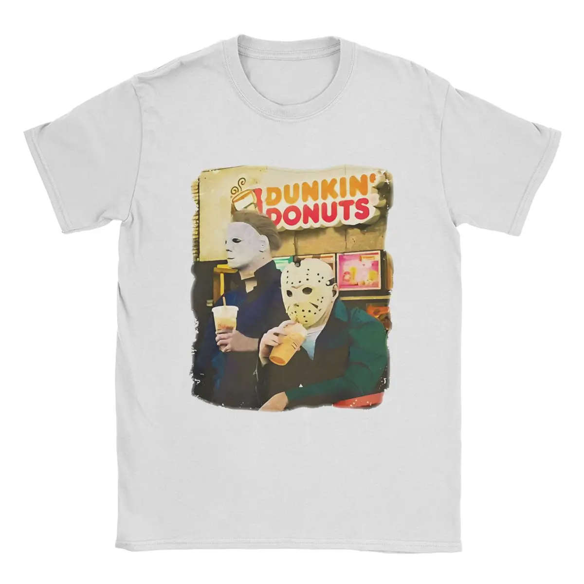 Leisure Michael Myers Drinking Coffee Jason Voorhees T-Shirts Men Crew Neck T Shirt Funny Movie Short Sleeve Tee Plus Size merch