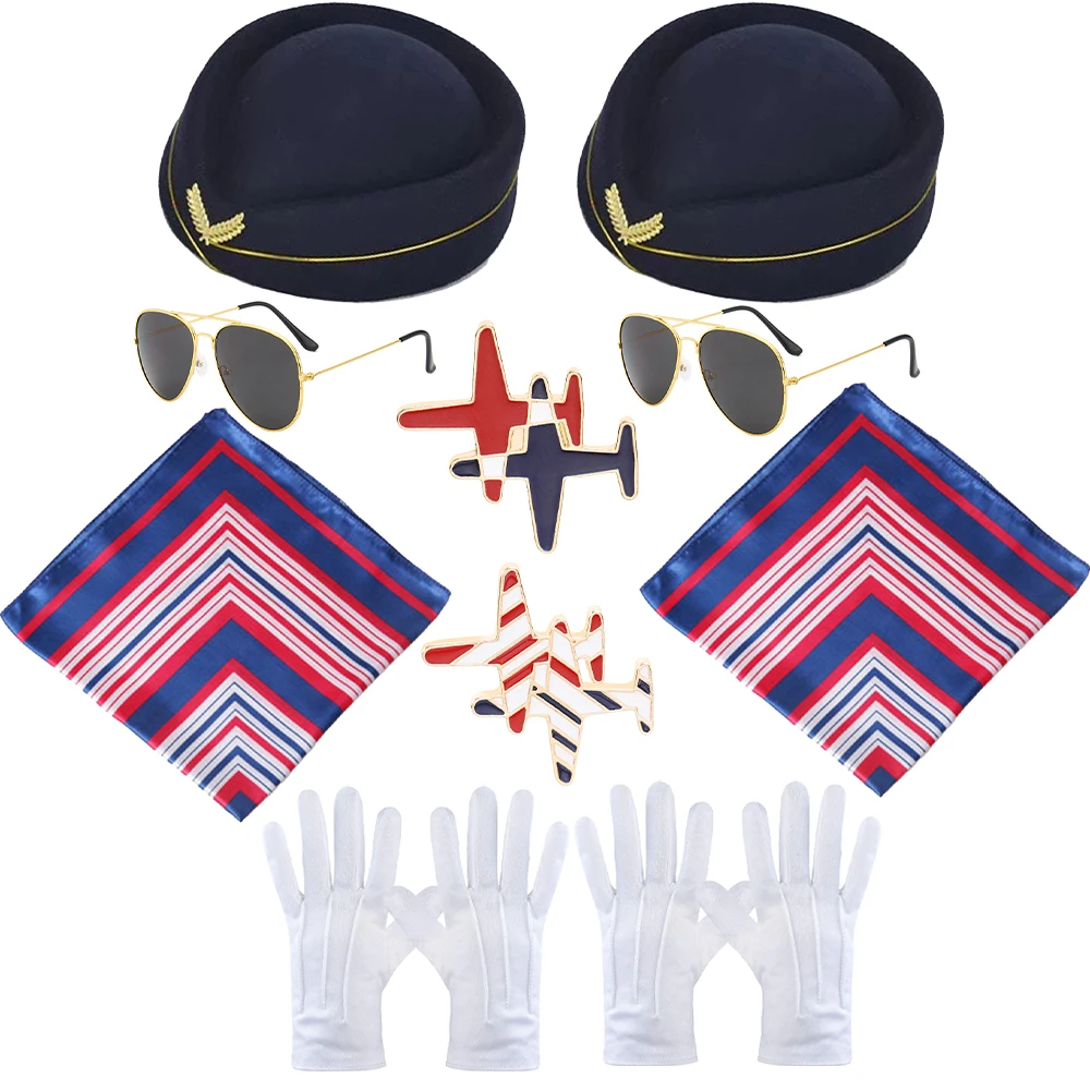 PESENAR Stewardess Costume accessories, Stewardess hats, pins, gloves, sunglasses, Neck scarf, Cosplay