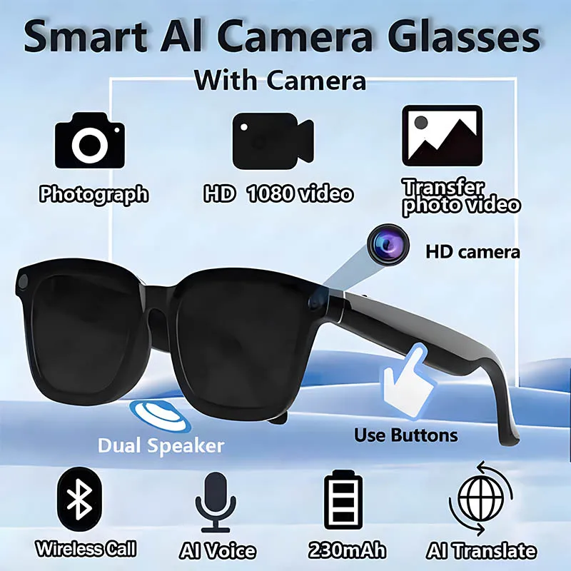 

Умные очки с ИИ, камера 500 Мп HD, стабилизация изображения, запись видео и фото, воспроизведение музыки, перевод, двойной микрофон, шумоподавление, беспроводные звонки