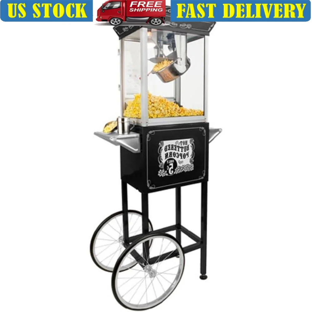 Carro de máquina de palomitas de maíz de aceite caliente, hervidor de acero inoxidable, paneles de vidrio, calentador incorporado, compartimento de almacenamiento ligero, fiestas y eventos