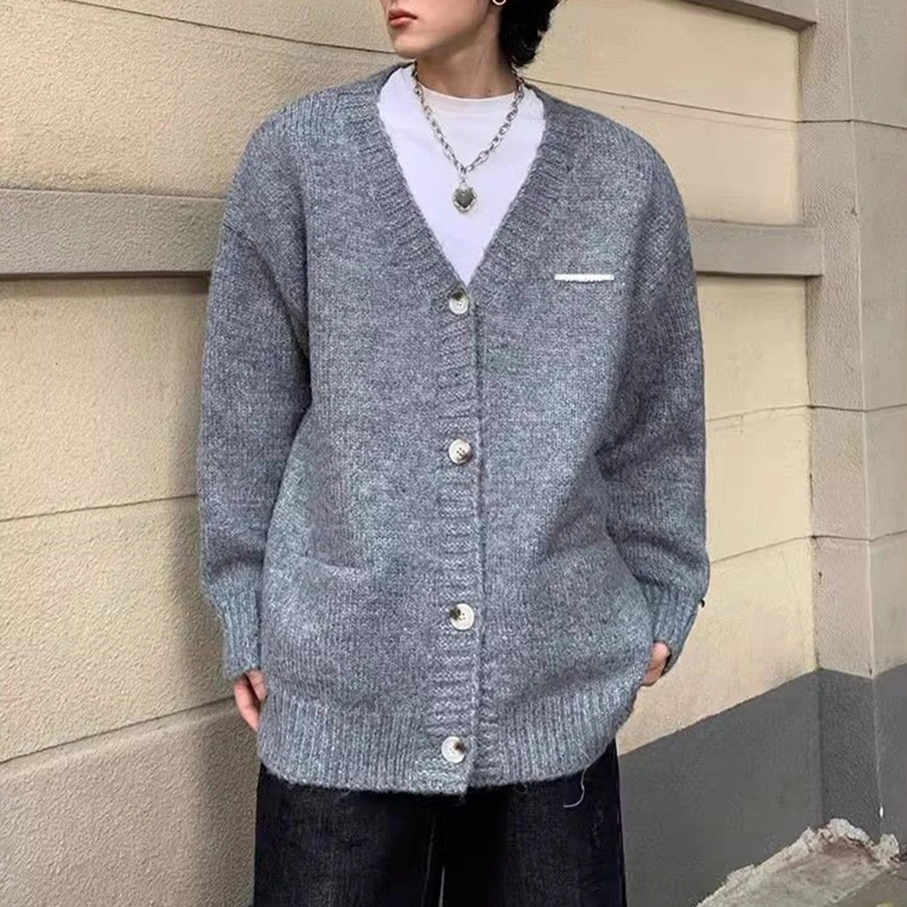 

American Retro Lazy Style V-Neck Knitted Cardigan Men 2025 Spring Autumn Fashion Luxury Loose Casual Pocket Y2k Sweater Jacket