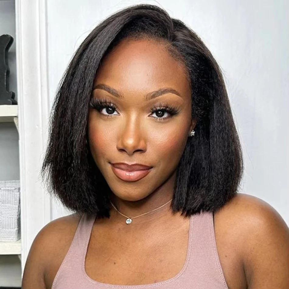 Perruque Courte Yaki Kinky Lisse Sans Colle en Cheveux Humains, Lace Frontale HD Transparente 13x4, Cheveux Remy Péruviens Doux Yaki, Prête à Porter