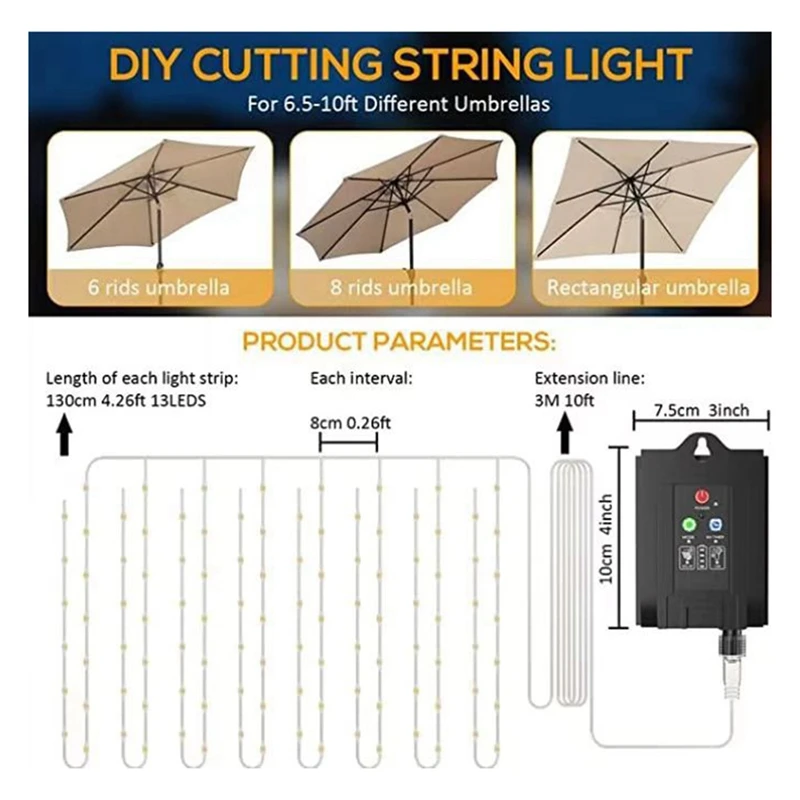 Luzes de guarda-chuva solares com controle remoto, lâmpada de guarda-chuva LED para pátio movido a energia solar com clipe para jardim, 8 modos 104 LED