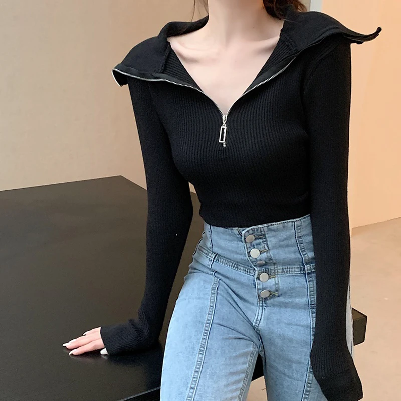 Women Zipper Turtleneck Knitted Sweater Shirt 2024 Autumn Slim Fit Fashion Chic Long Sleeve T-shirt Cropped Tops Tees Streetwear