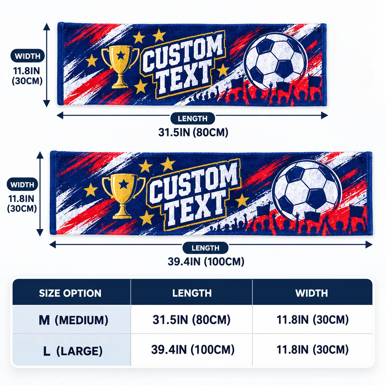Custom Stadium Rally Towel Personalized Fan Sports Towel 80x30cm 100x30cm Microfiber Cheer Towel for Football Soccer Team Fans