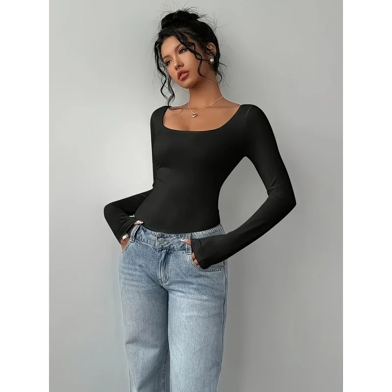 Women'S Soft Slim Fit Long Sleeve Crew Neck T-Shirt - Stretchy Top, Solid Color H-Shape Cut, All-Season Casual And Formal Wear