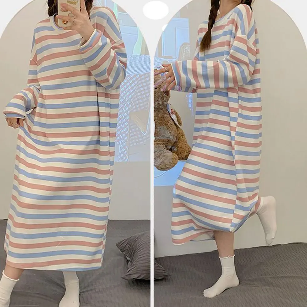 Plus Size 5XL 150kg Autumn Long Sleeve Night Dress Women Sleepwear Lingerie Striped Nightgowns Women Pajama Night Wear