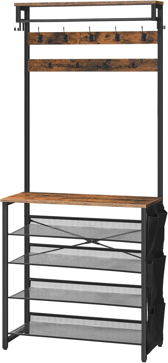 Hall Tree with Bench,Coat Rack with Shoe Rack, Shoe and Coat Rack, 5 Tier Shoe Storage Organizer with Oxford Fabric Side Pockets