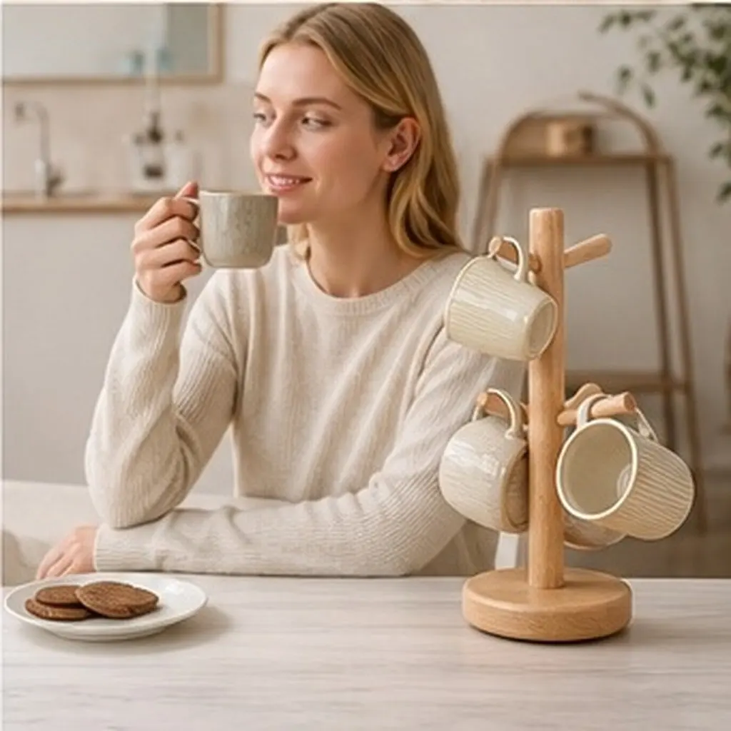Sturdy Beech Wood Mug Tree Holder Stand Coffee Cup Organizer for Countertop Tea Cup Storage Rack Mug Drying Rack Kitchen Supply