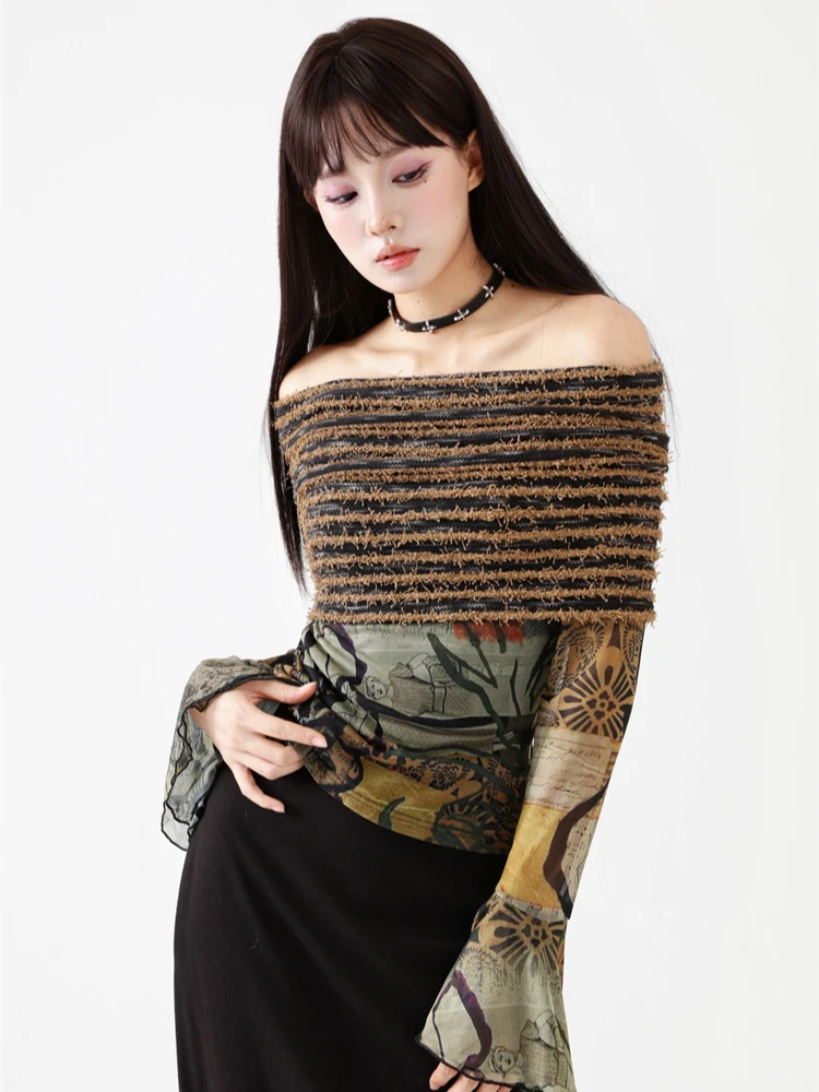 CHEERART Designer Off The Shoulder Mesh Top Flare Long Sleeve Blouse Women Fall 2023 Elegant High Fashion Print Top Clothing