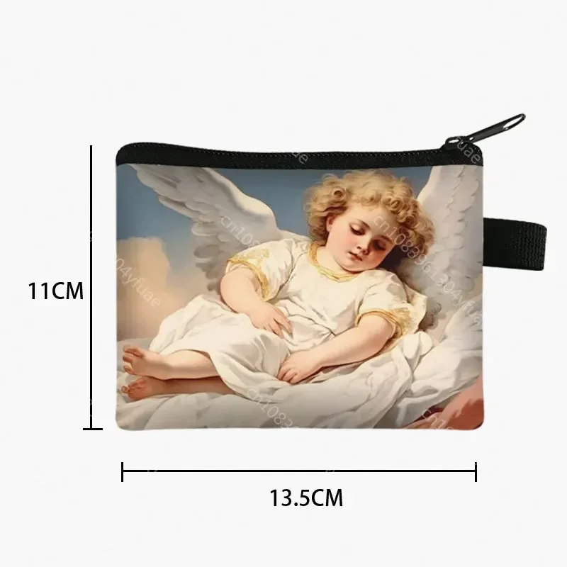 Oil Painting Angel Baby Print Coin Purses Women Angel Small Wallet Zipper Pouch Money ID Credit Card Keychain Holder Coin Bag