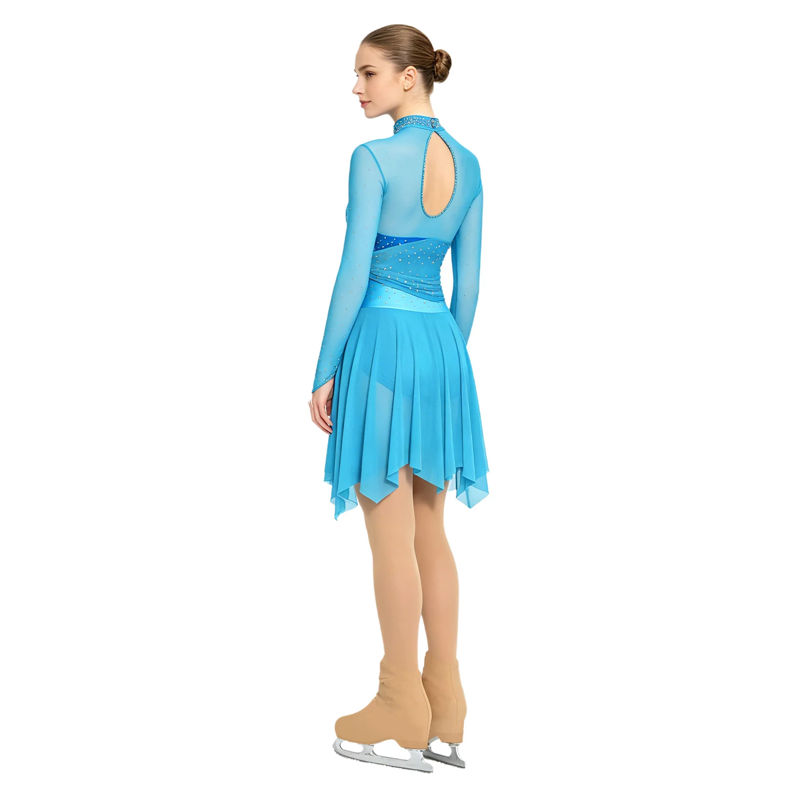 Women Figure Skating Lyrical Modern Dance Dress Rhinestones Long Sleeves Sheer Mesh Ballet Rhythmic Gymnastics Leotard Dancewear